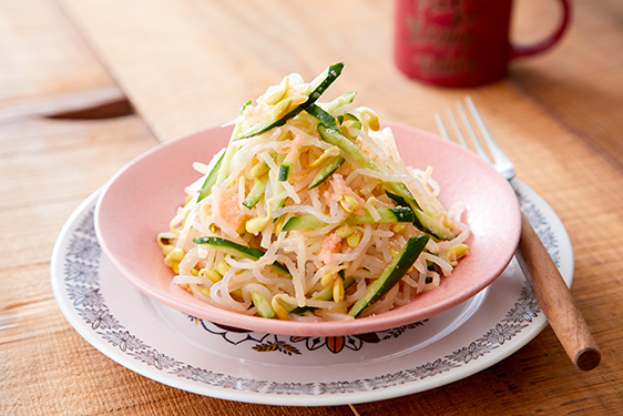 小粒大豆もやしとしらたきの明太パスタ風